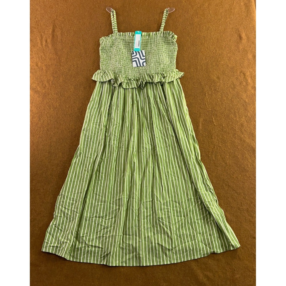 Market & Spruce Womens L Petite Green Striped Smocked Ruffle Maxi Dress NWT
